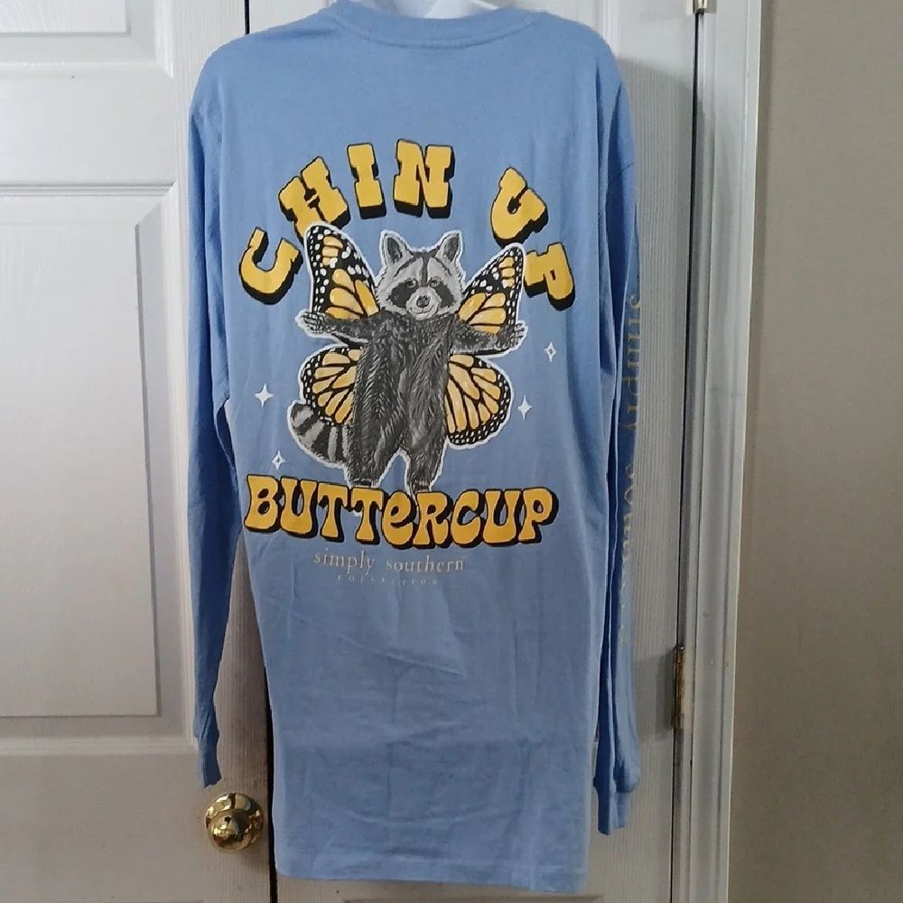 Simply Southern Chin Up Buttercup Racoon long sleeve shirt Sz L NWT